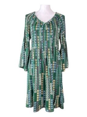 NINETY CLOTHING CO (From Macy's) Green Print Dress, Long Bell Sleeves, Size XL.